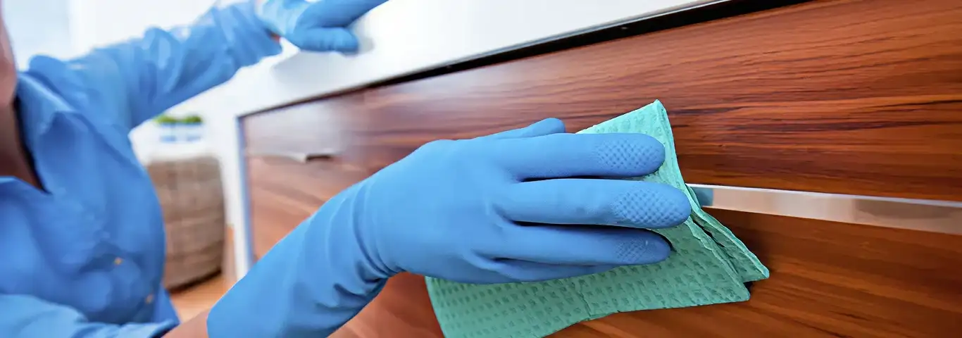 Cleaner wearing blue gloves wiping a wooden cabinet drawer with a microfiber cloth for dust and grime removal, San Jose, CA.