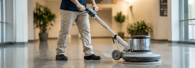 Professional technician using an industrial floor buffer to polish and maintain shiny commercial flooring in a corporate hallway in San Jose, CA.