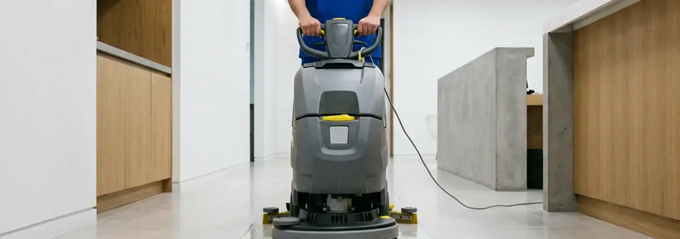 Janitorial staff using a floor scrubber machine to clean a commercial hallway, San Jose, CA.