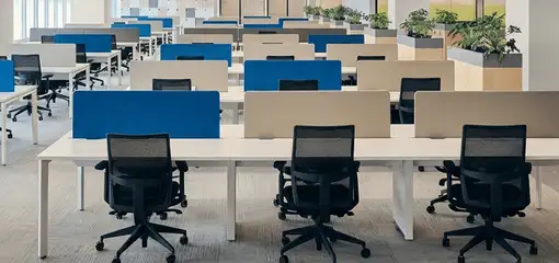 Modern open-plan office space featuring clean workstations, ergonomic chairs, and sanitized carpets provided by professional office cleaning services in San Jose, CA.