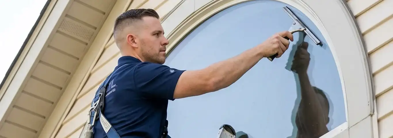 Professional window cleaner using a squeegee to clean an exterior arched window on a home, San Jose, CA.