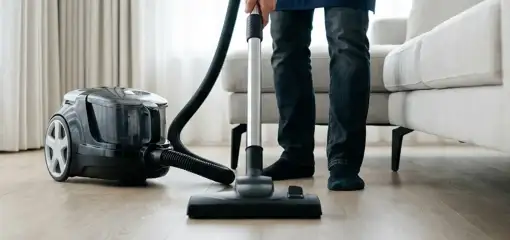 Professional house cleaner vacuuming a living room floor with a canister vacuum cleaner, San Jose, CA.