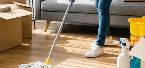 Move-out cleaning setup with a cleaner mopping hardwood floors near moving boxes and cleaning supplies, San Jose, CA.