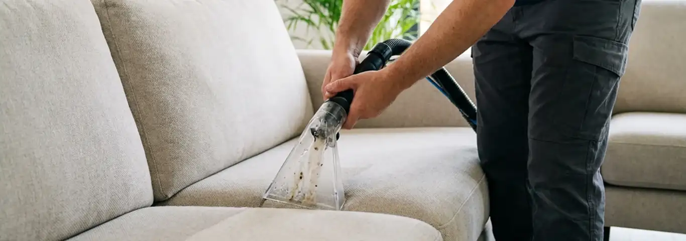 Technician extracting dirt and moisture from a fabric sofa with an upholstery cleaning wand, San Jose, CA.