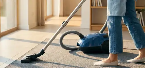 Person vacuuming a living room rug with a canister vacuum cleaner near large windows, San Jose, CA.